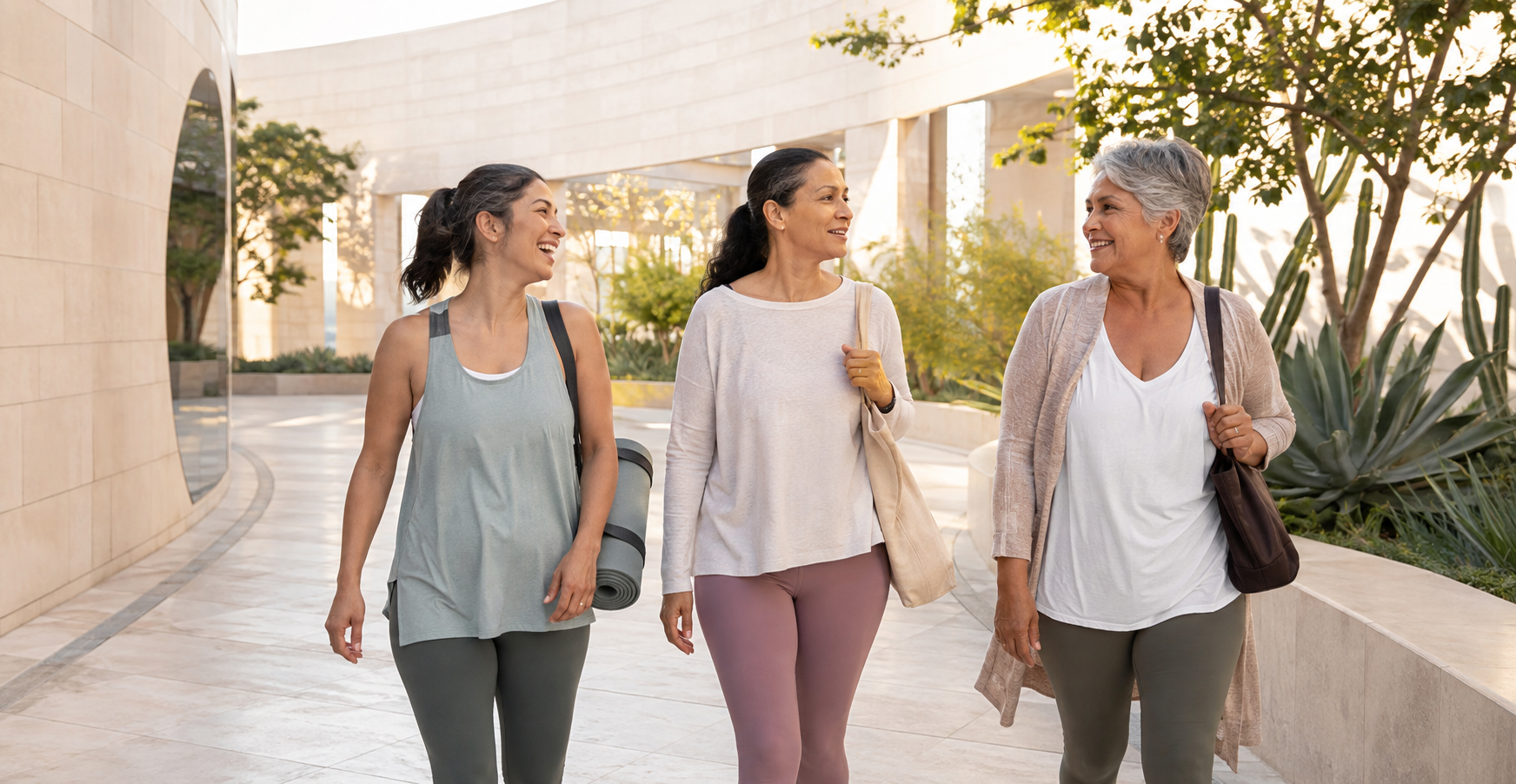 Three women walking together after a wellness class